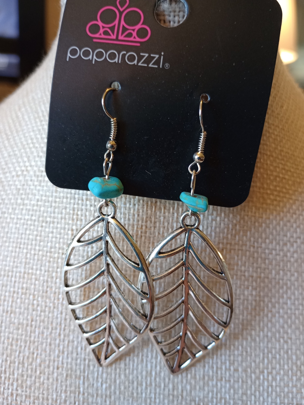 paparazzi Turquoise Bead Silver Leaf Dangle Earrings